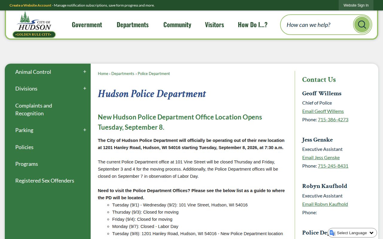 Hudson Police Department official page for Hudson arrest records