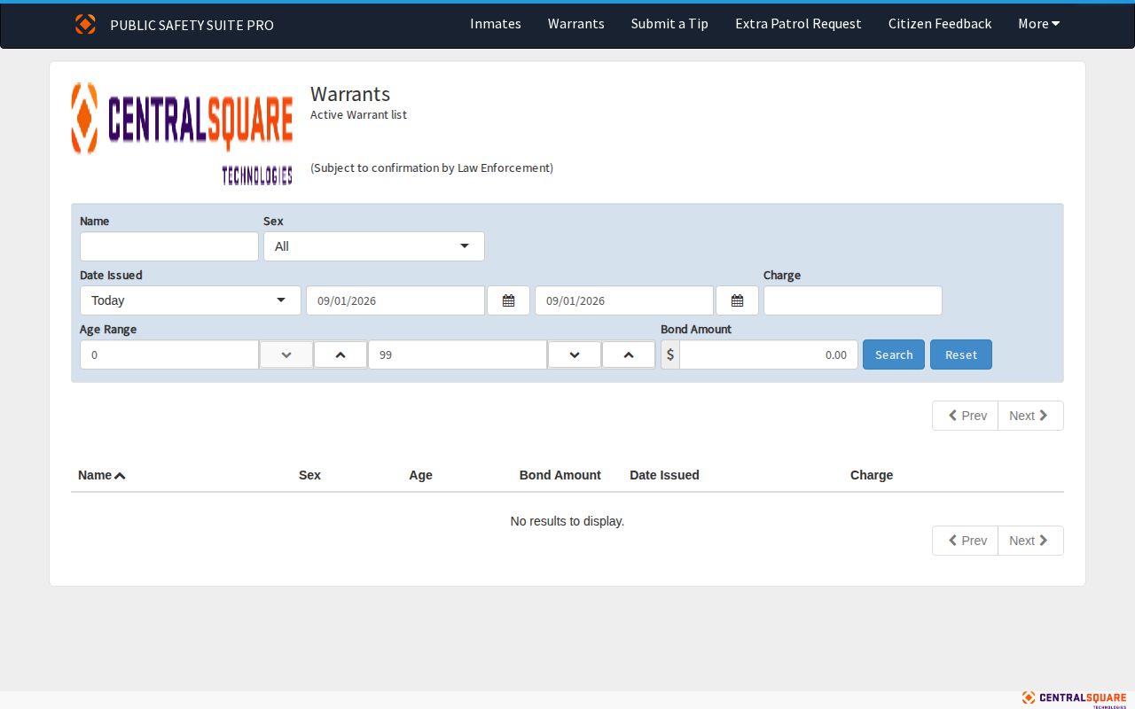 St. Croix County active warrant search fields and warrant record columns