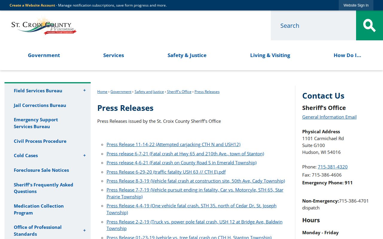 St. Croix County Sheriff press releases and arrest news source