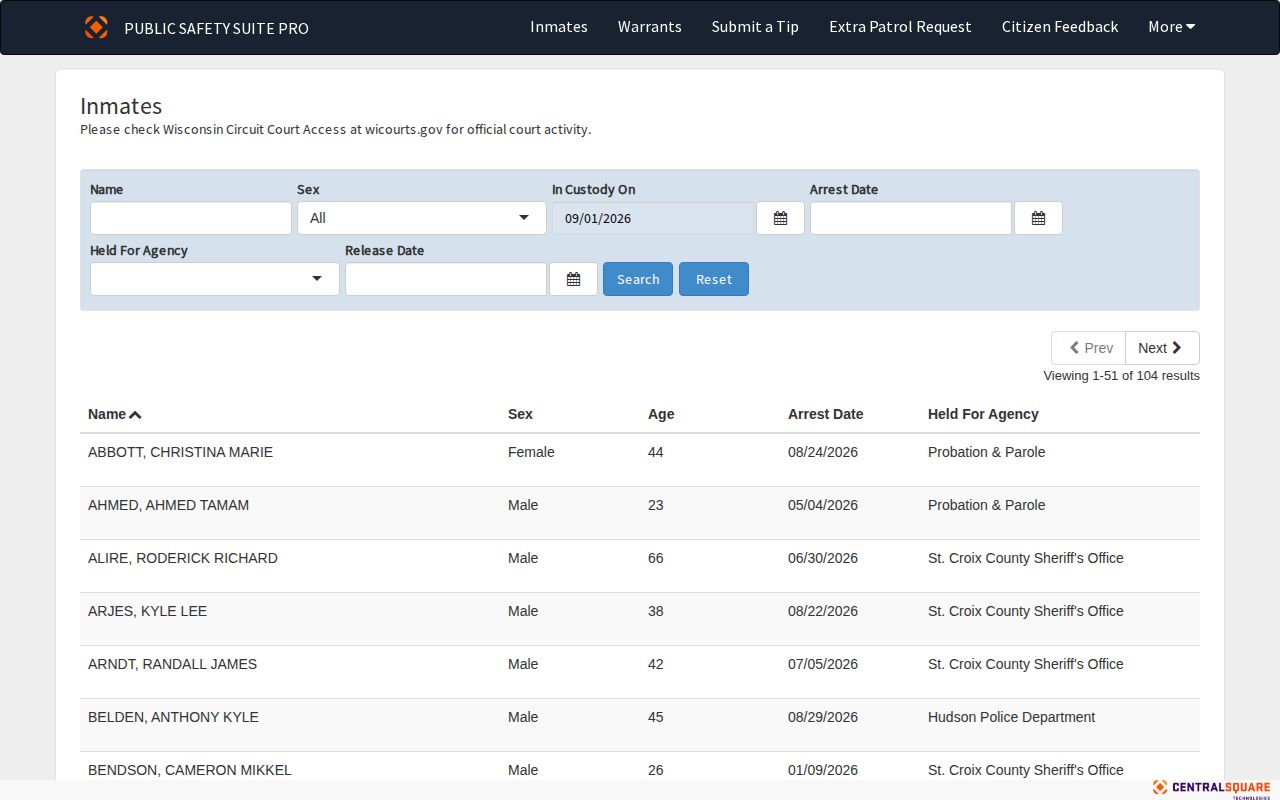 St. Croix County Jail current-custody roster search and booking record fields