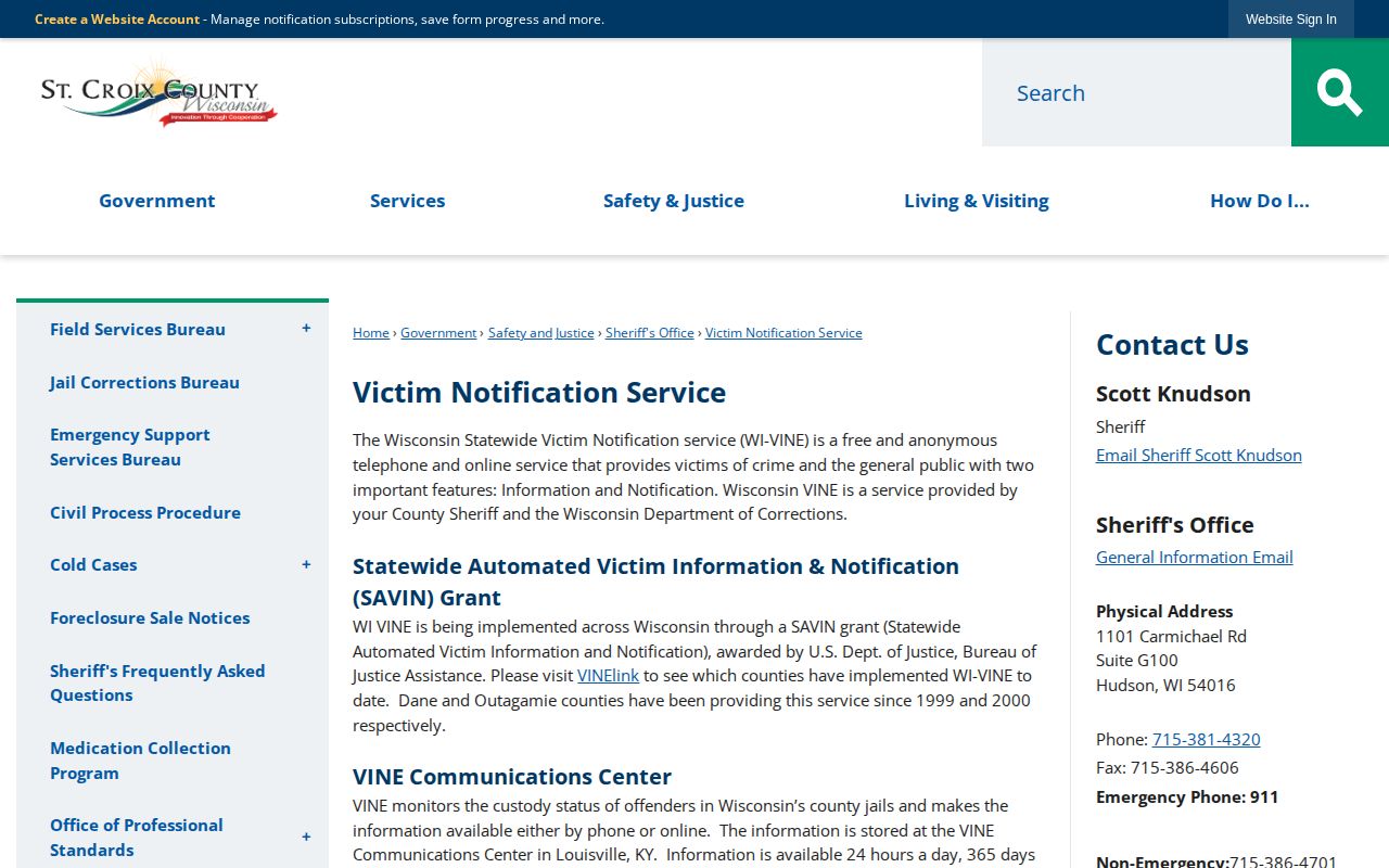 St. Croix County WI-VINE jail custody notification record service